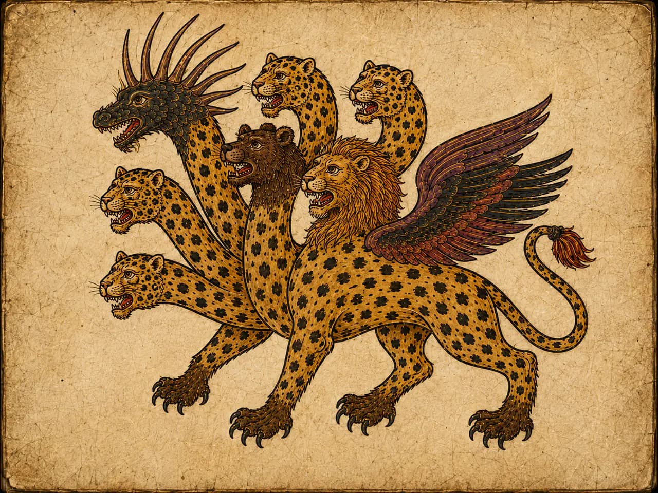 One combined prophetic beast carrying leopard, bear, lion, wing, and horn attributes